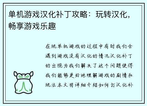 单机游戏汉化补丁攻略：玩转汉化，畅享游戏乐趣